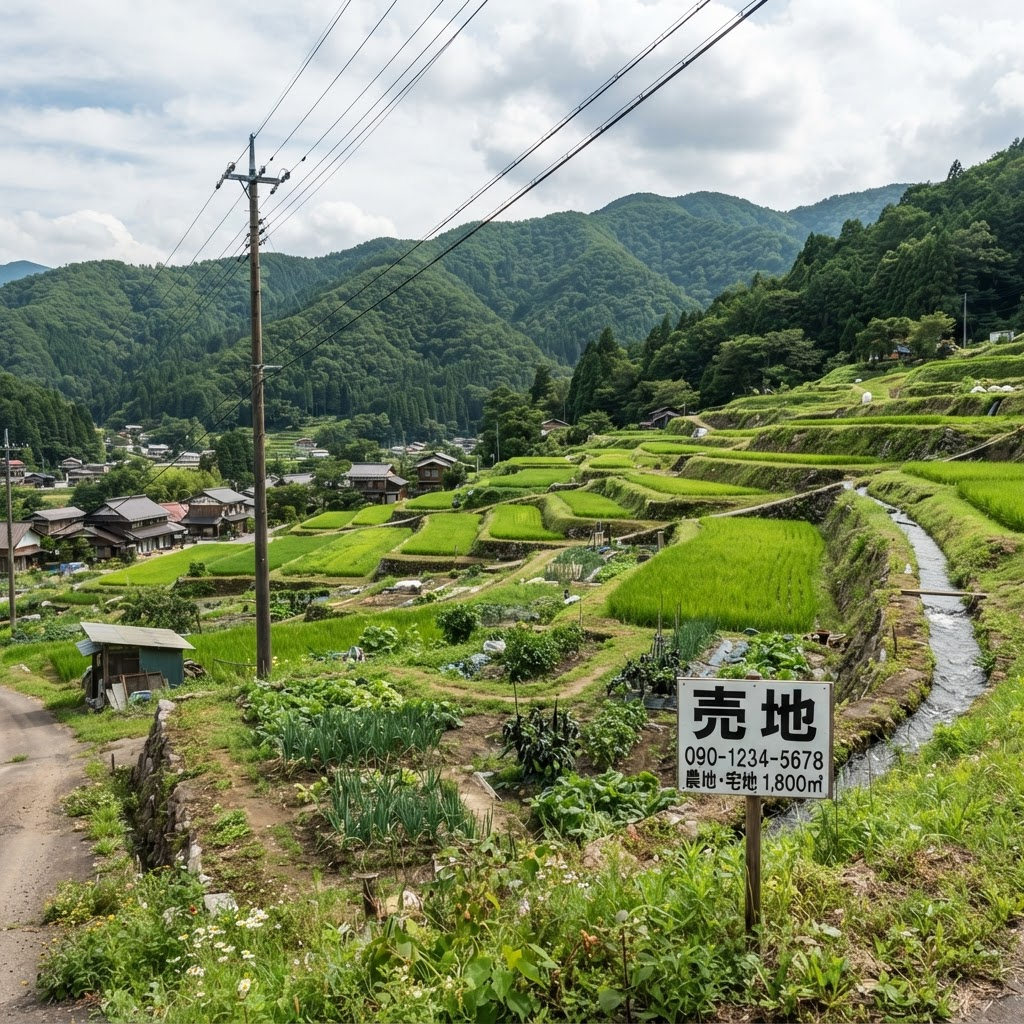 Terraced rice paddies beside a rural Japanese farmhouse